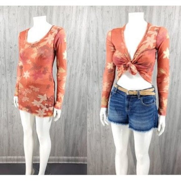 Vintage 90s Y2K Second Skin Printed Top Boho Hippie Floral Mesh - Picture 2 of 6